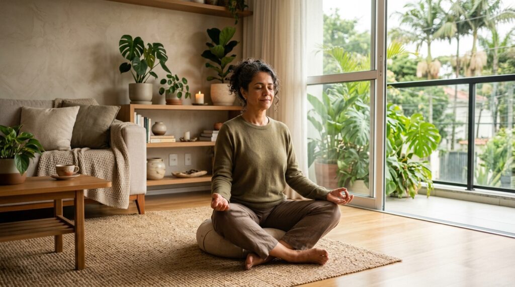 Mulher praticando meditação para reduzir o estresse.